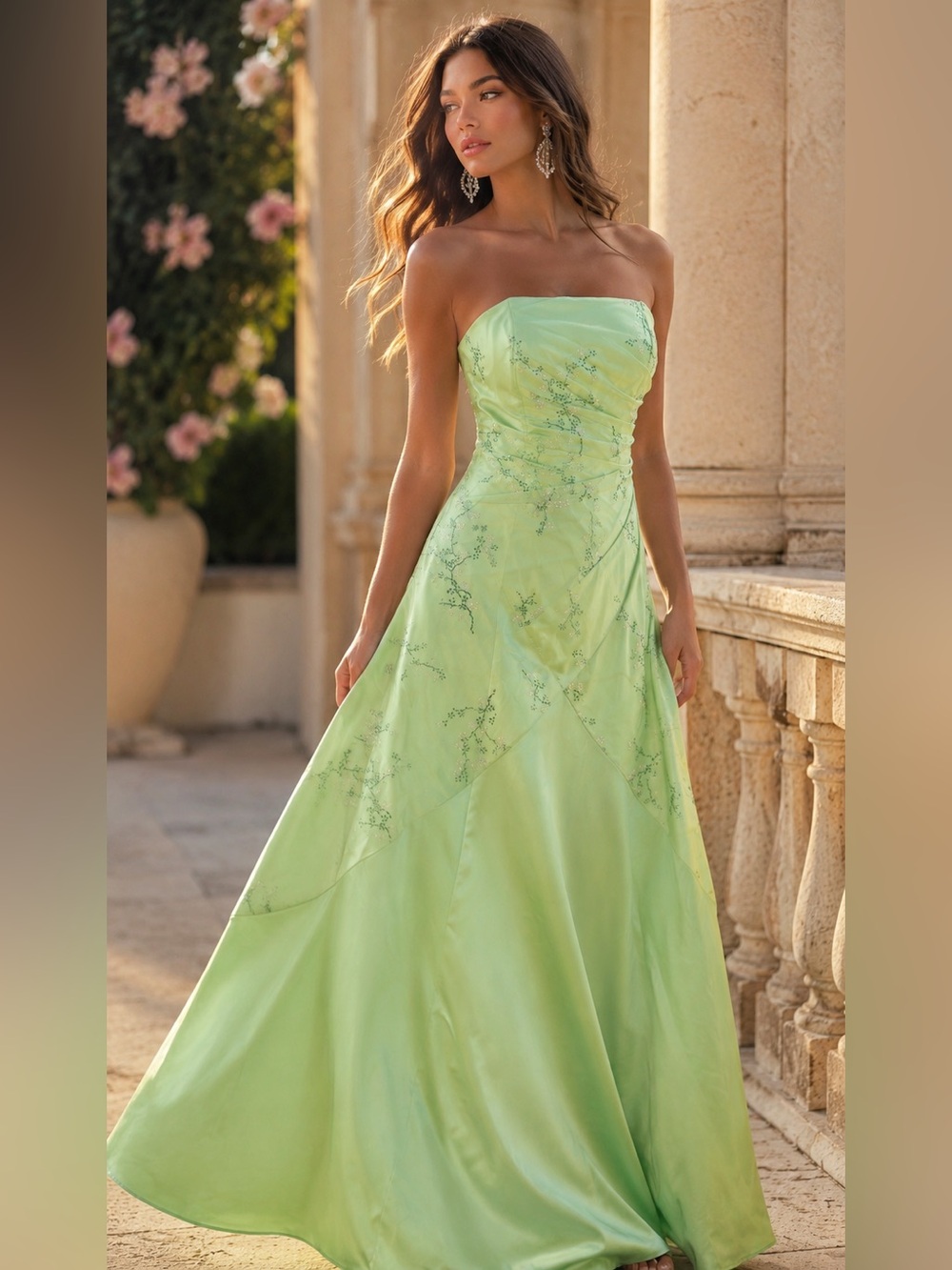 Jump Strapless Lime Green Beaded Floral Formal Gown Size 3/4 Y2K Prom Dress